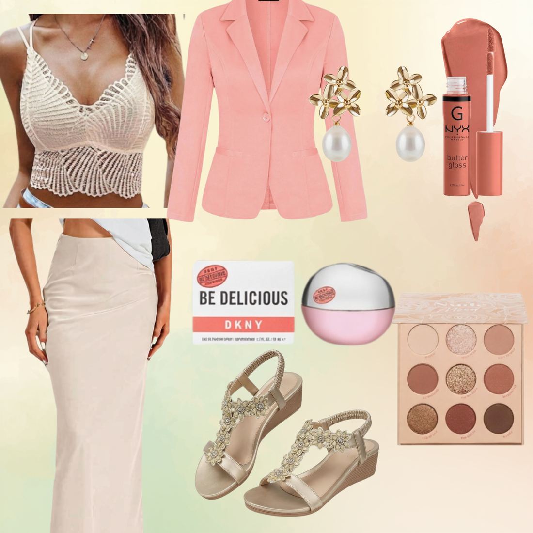 Brunch outfit featuring coral blazer, white lace cami, cream skirt, wedge sandals, and beauty products