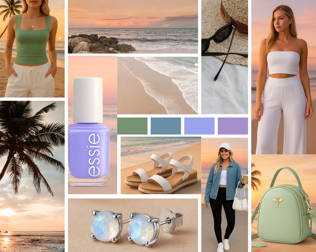 Soft Summer beach sunset moodboard featuring sage green, lavender, white, and mint tones