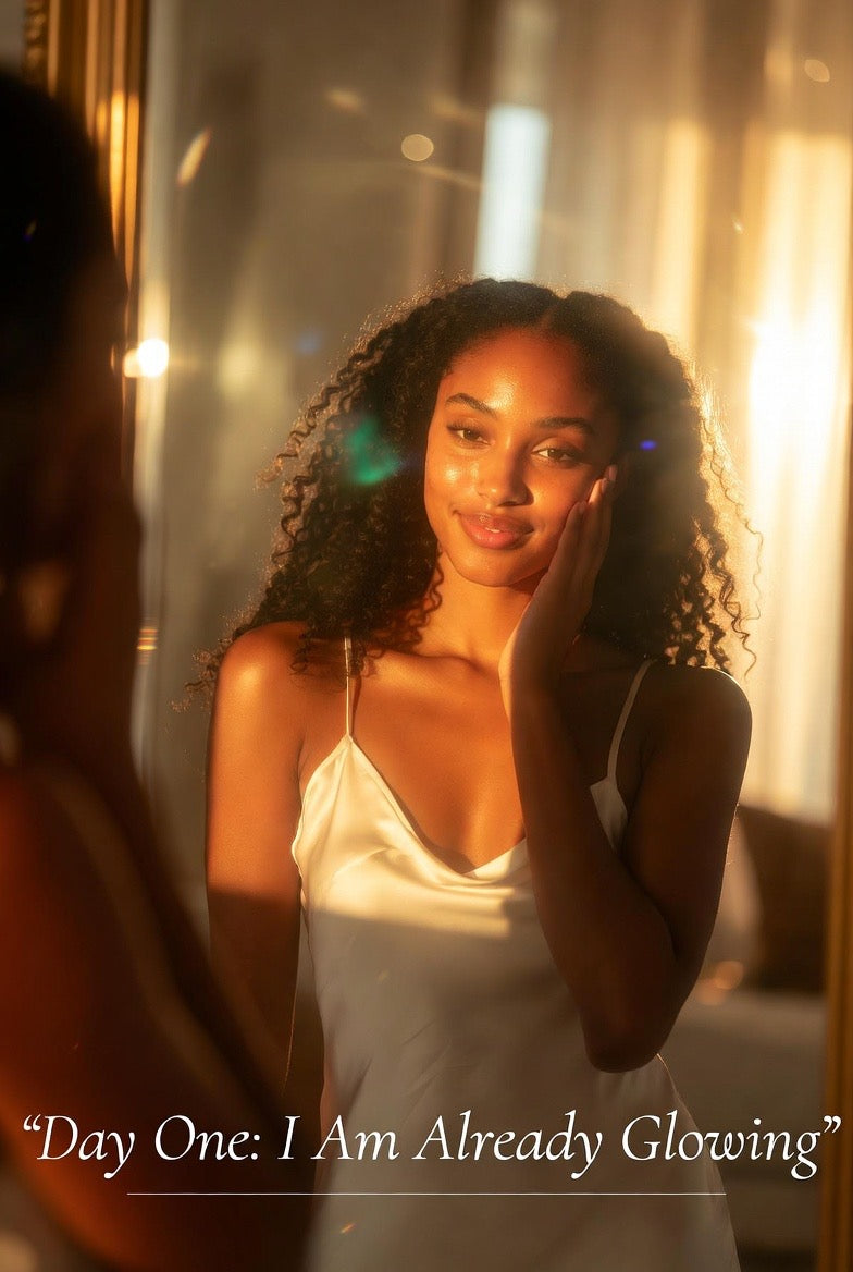 Woman glowing in mirror with text Day One: I Am Already Glowing