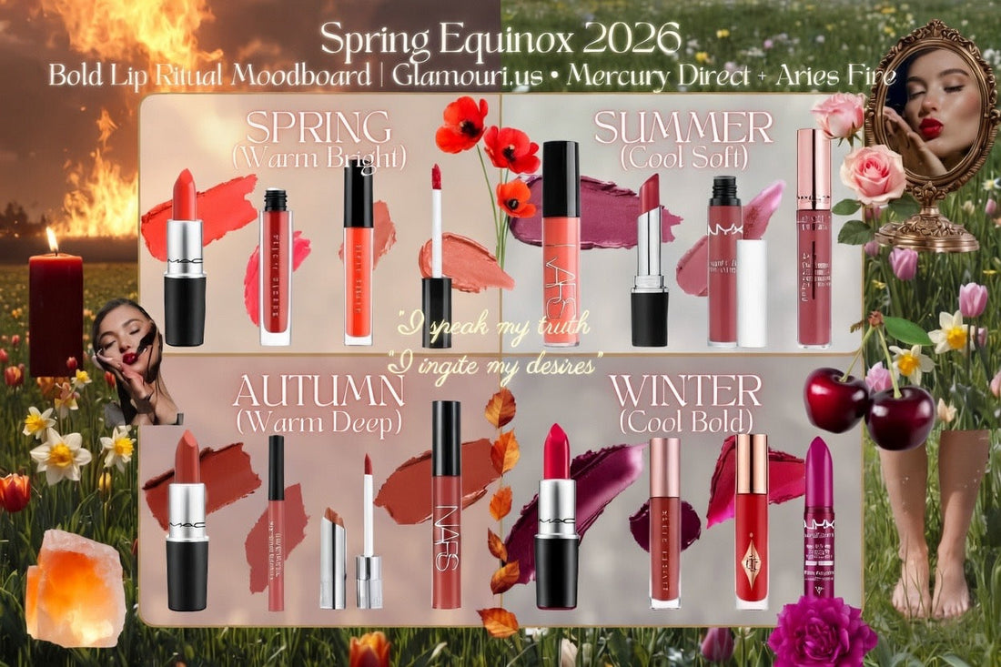 Spring Equinox 2026 Bold Lip Ritual Moodboard featuring color season lipstick recommendations for Spring, Summer, Autumn, and Winter - Mercury Direct and Aries Fire