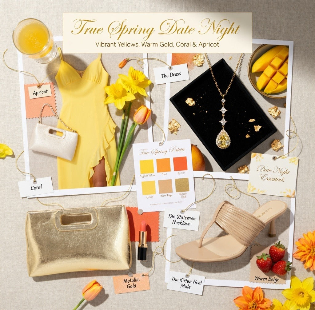 True Spring Date Night moodboard featuring vibrant yellows, warm gold, coral and apricot colors with a yellow dress, statement necklace, gold clutch, beige kitten heels, and fresh spring flowers