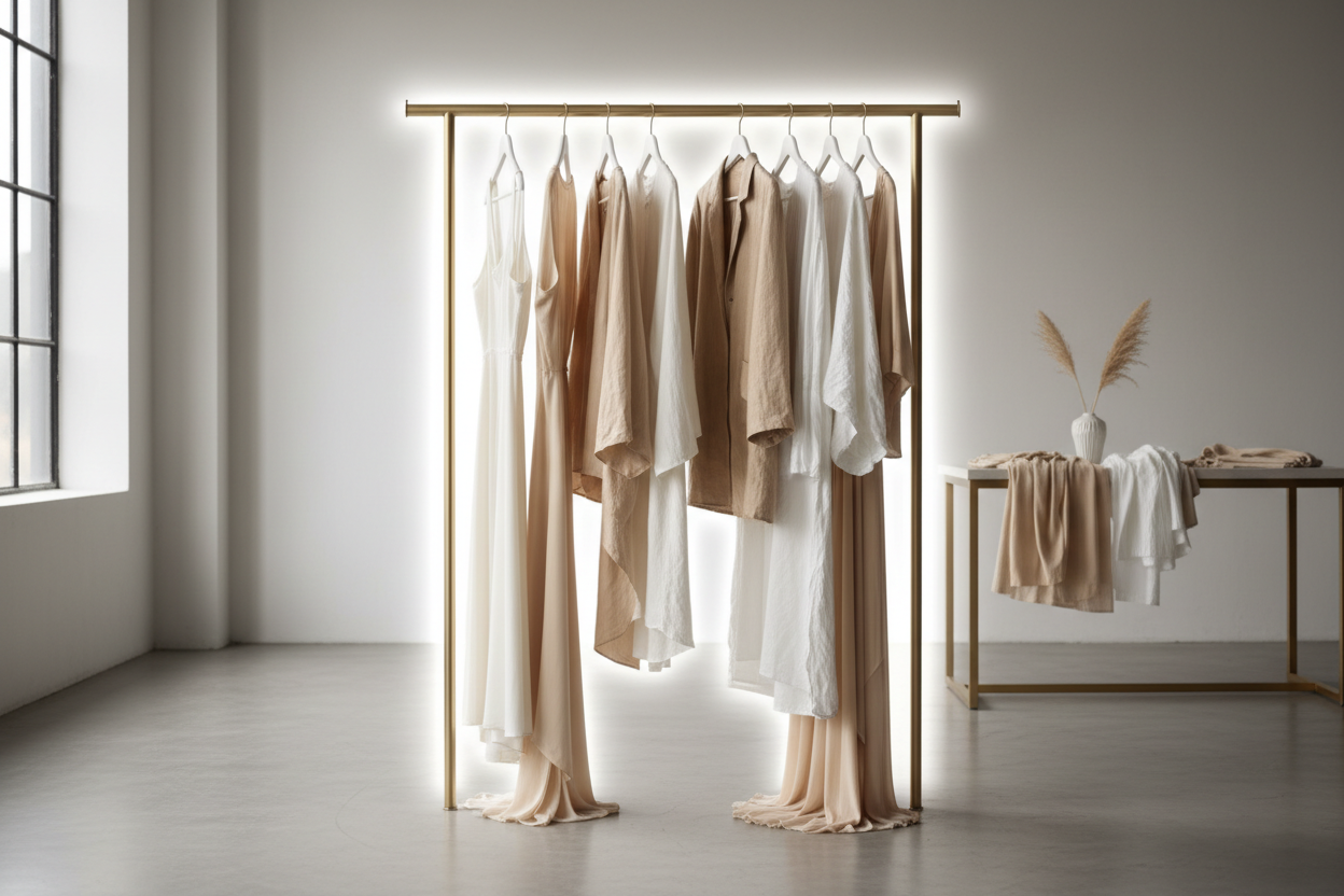 Radiance Membership neutral fabrics with glowing clothing rack